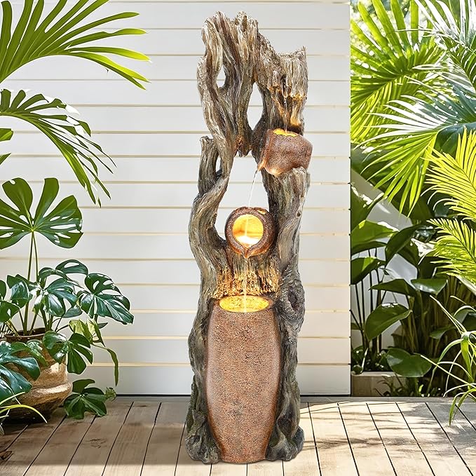 42.7in Tall Outdoor Water Fountain with LED Lights, 3-Tier Rainforest Waterfall Tree Trunk and Jar Garden Fountain, Ideal for Serene Relaxing Patio, Yard or Porch