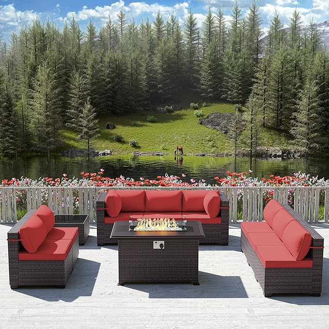 10 Pieces Outdoor Patio Furniture Set,Outdoor Sectional Furniture with 43" 55000 BTU Gas Propane Fire Pit Table,All Weather PE Rattan Wicker Patio Conversation Set,Red