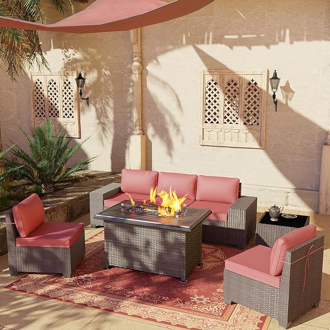 7 PCS Outdoor Patio Furniture Set,Outdoor Sectional Furniture with 43" 55000 BTU Gas Propane Fire Pit Table,All Weather PE Rattan Wicker Patio Conversation Set,Red