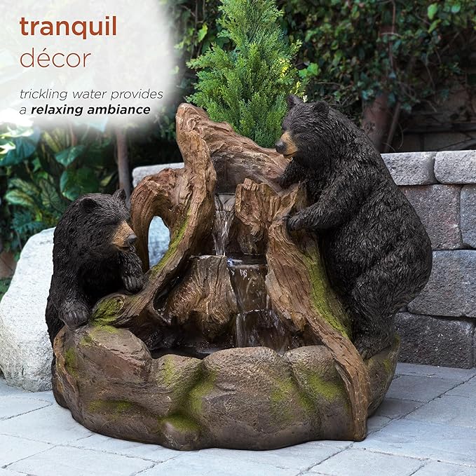 Alpine Corporation GXT252 24" Outdoor Floor Bears Climbing Fountain with LED Lights, Playful Bears Garden Water Feature, Cascading Waterfall for Backyard & Patio Décor, Brown/Black