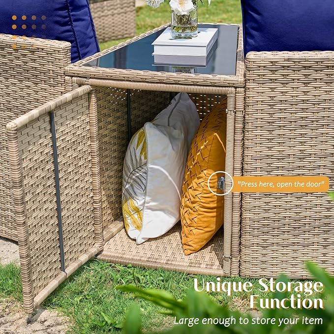PaPaJet 11-Piece Patio Furniture Set with Large Storage Wedge Table, Half-Moon Wicker Sectional Sofa with Cushions, Waterproof Rattan Outdoor Conversation Set for Beach, Pool, Garden & Balcony, Blue