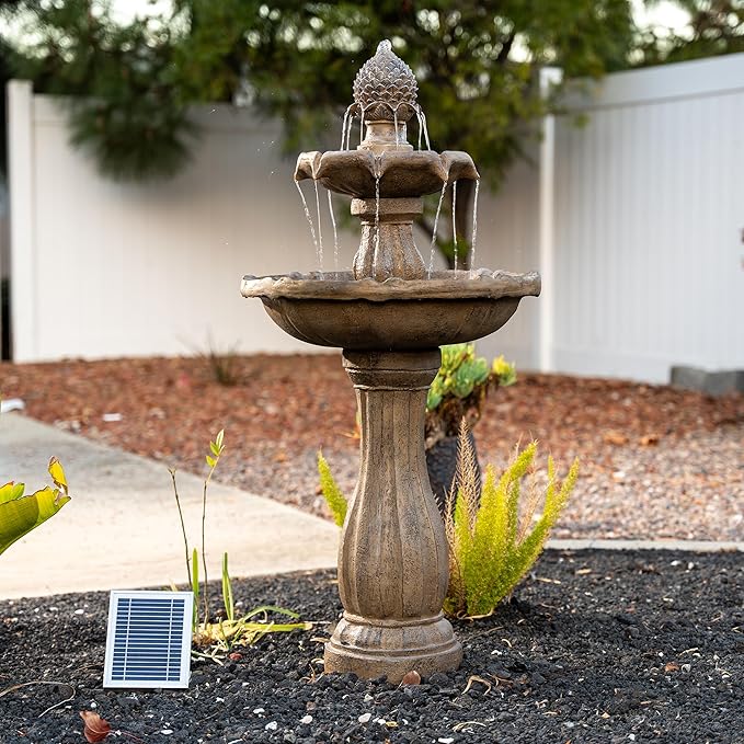 XBrand 44" Solar Powered 2-Tier Outdoor Water Fountain, Fiberglass Resin Garden Bird Bath Fountain with Auto Shut-Off Pump