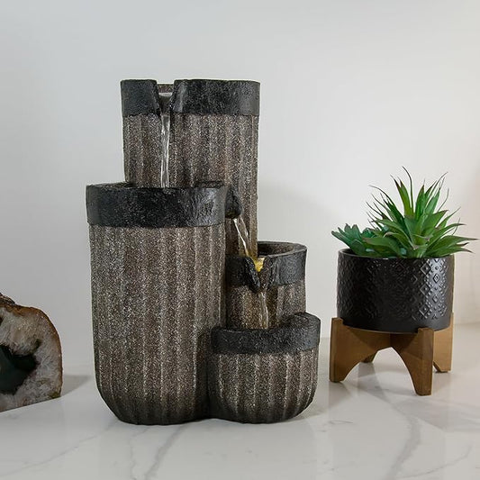 Alpine Corporation WIN1372 14" Tall Cascading Tabletop Fountain with LED Lights – Decorative Indoor Water Feature for Desk, Patio, and Home Décor, Gray