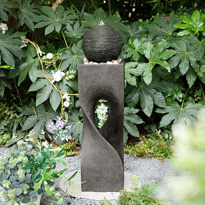Glitzhome Outdoor Water Fountain, Outdoor Fountain with Lights, 36.5" H Modern Geometric Pedestal and Sphere Polyresin Outdoor Floor Standing Fountain with Pebbles, Pump for Garden, Patio, Backyard