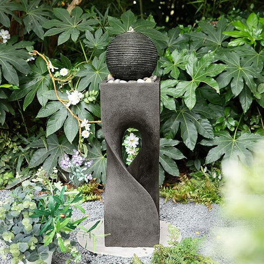 Glitzhome Outdoor Water Fountain, Outdoor Fountain with Lights, 36.5" H Modern Geometric Pedestal and Sphere Polyresin Outdoor Floor Standing Fountain with Pebbles, Pump for Garden, Patio, Backyard