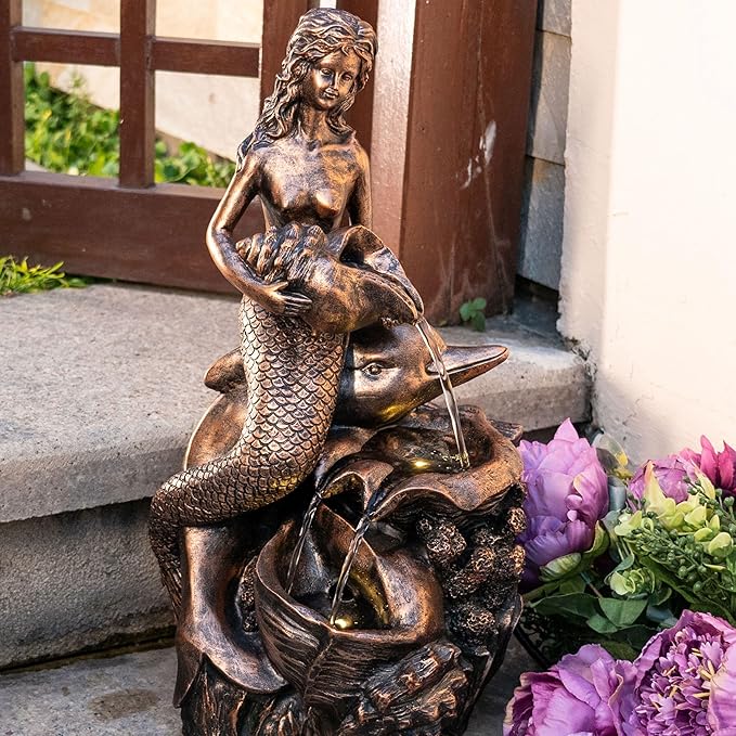 TERESA'S COLLECTIONS 21" Large Mermaid Water Fountains Outdoor with LED Light Auto Slient Pump, Water Features for Yards Patio Garden Balcony Porch, Mermaid Garden Gifts for Mom