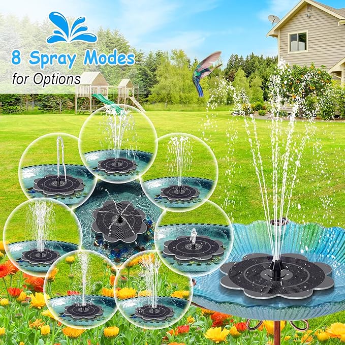 Solar Bird Bath Fountains Flower Pattern, Upgrade 3.5W Solar Water Fountain with 2000mAh Battery, Colorful Led Lights, 7 Nozzles, Hummingbird Solar Fountain for Garden, Swimming Pool, and Pond
