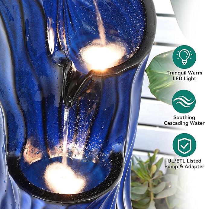 32" H Ceramic Outdoor Water Fountain with LED Lights, 3-Tier Cascading Sphere Water Feature, Tranquil Waterfall for Relaxing Garden, Patio, Yard, or Porch, Cobalt Blue, Dynamic Wave-Texture