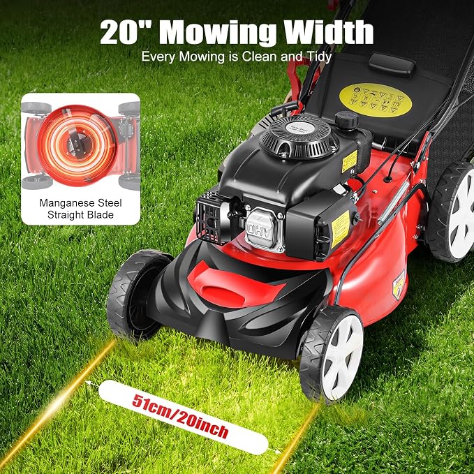 20Inch Self Propelled Mower 4KW 140CC 4-Stroke Engine, Gas Push Lawn Mower, 3-in-1 Lawn Mower with 16 gal Capacity Grass Bag & 8 Position Height Adjustable for Lawn Weeding - Image 3