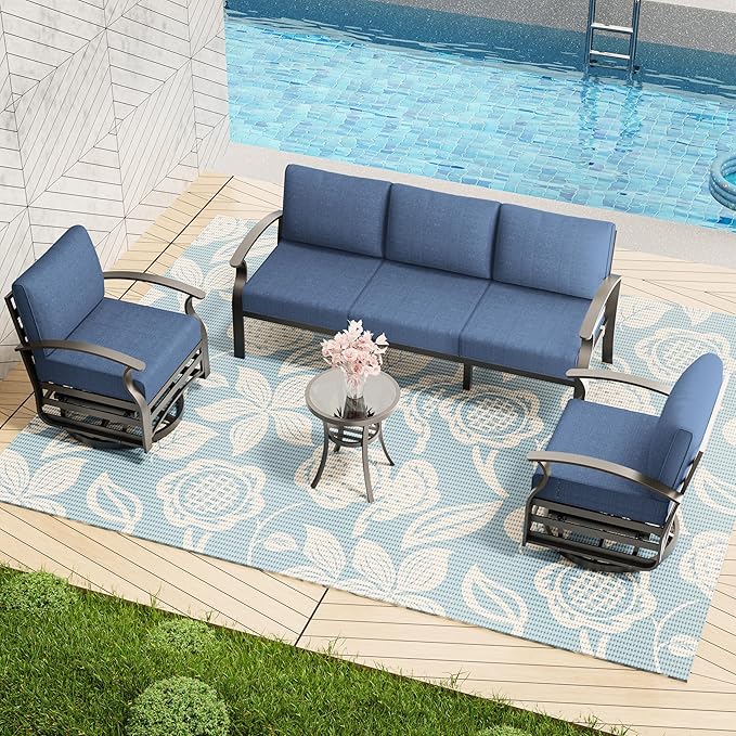 Patio Furniture Set 3-Piece Aluminum Armrest Sofa,All-Weather Patio Conversation Set with Tempered Glass Top Table & Removable Sponge Cushions for Backyard Poolside - Blue