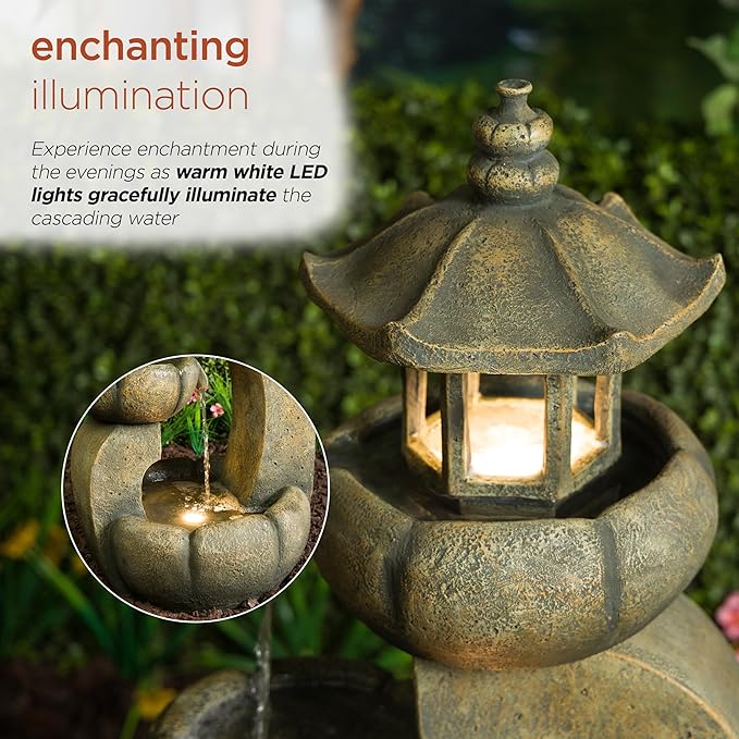 Alpine Corporation 32" Tall 2-Layer Pagoda Polystone Fountain with LED Lights, Cascading Waterfall, Outdoor Garden and Patio Water Feature, Zen Decor, Relaxing Sound, Brown