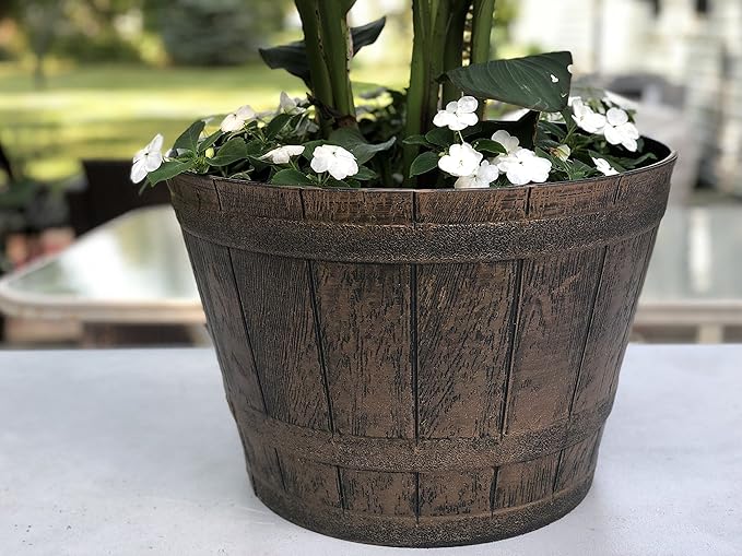 Sapphire Plant Pots Set of 2 Pack 10 inch, Copper Whiskey Barrel Planters with Drainage Holes. Plastic Decoration Flower Pots Imitation Wine Barrel Design (Copper-S)