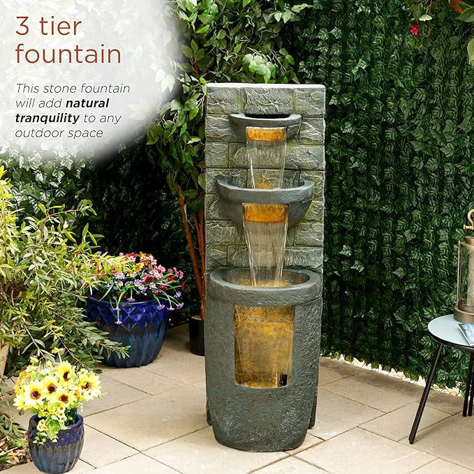 Alpine Corporation TZL384 Outdoor 3 Tier Water Fountain with LED Lights for Garden, Patio, Lawn and Yard Spaces, 51" H, Gray