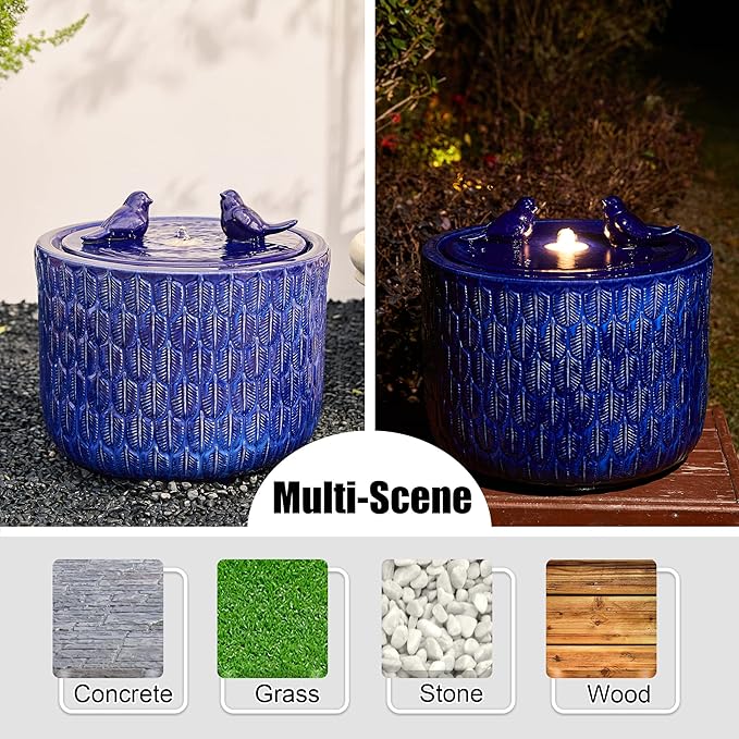 Glitzhome 14.75”H Outdoor Ceramic Garden Water Fountain with LED Lights and Pump, Two Birds Embossed Leaf Pattern Patio Fountain Floor Standing Bird Bath Fountains for Porch Deck Backyard, Cobalt Blue