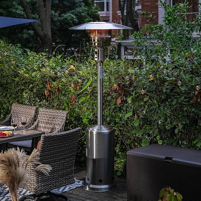 Nuu Garden Outdoor Propane Patio Heater, 46,000 BTU with Stainless Steel Propane Gas Patio Heater and Wheels, Silver for Garden and Terrace
