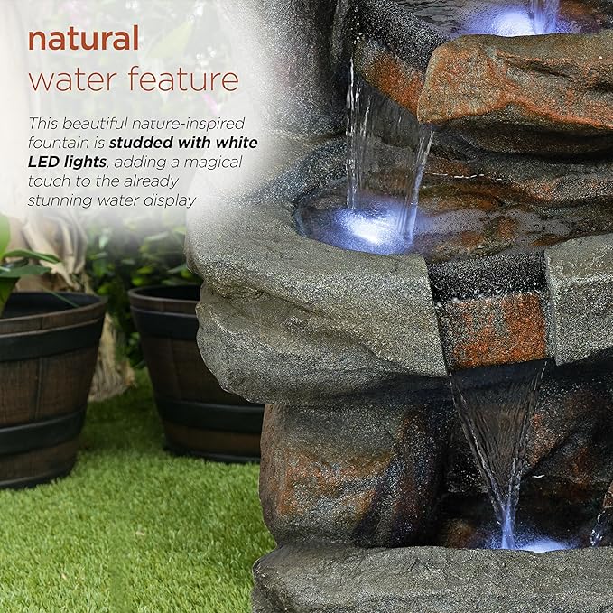 Alpine Corporation WIN1484S Cascading Natural Stone Fountain with LED Lights, Waterfall for Garden, Patio, & Lawn, 41" H