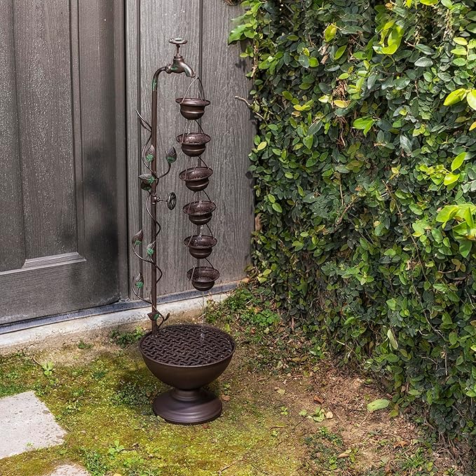 Alpine Corporation MAZ254 Outdoor Floor Tiered Vintage Water Fountain w/ 6 Hanging Cups, Soothing Tier Waterfall, 38", Bronze