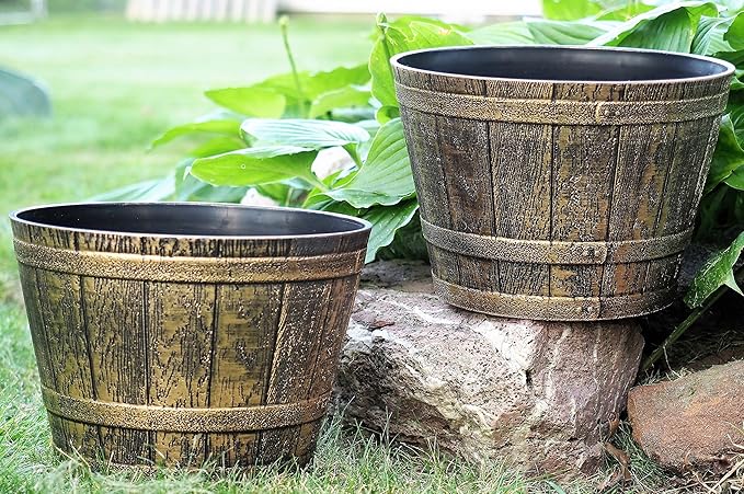 Set of 2 Plastic Whiskey Barrels Rustic Look (2 planters + 2 Matching Saucers) French Country Style Flowerpot Indoor Outdoor Garden Patio Office Home Decor Use Reusable Light Weight (Gold)