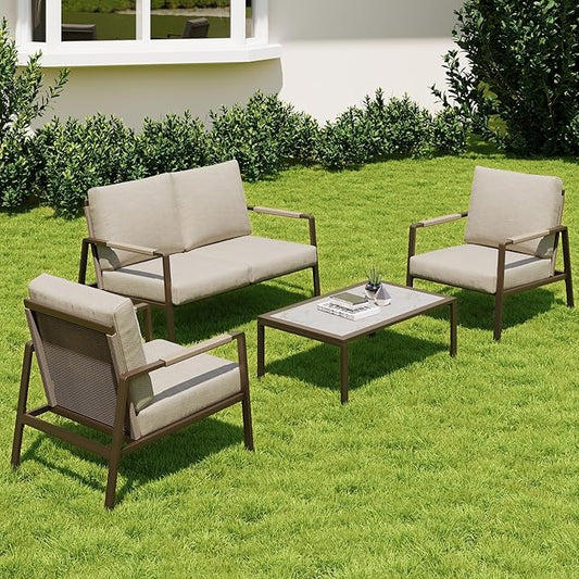 East Oak 4-Piece Patio Furniture Set with Thick Cushions, 2025 Coast Patio Conversation Set,4 Seats Waterproof Outdoor Patio Set with Rattan Armrests, Loveseat and Coffee Table for Backyard, Apricot
