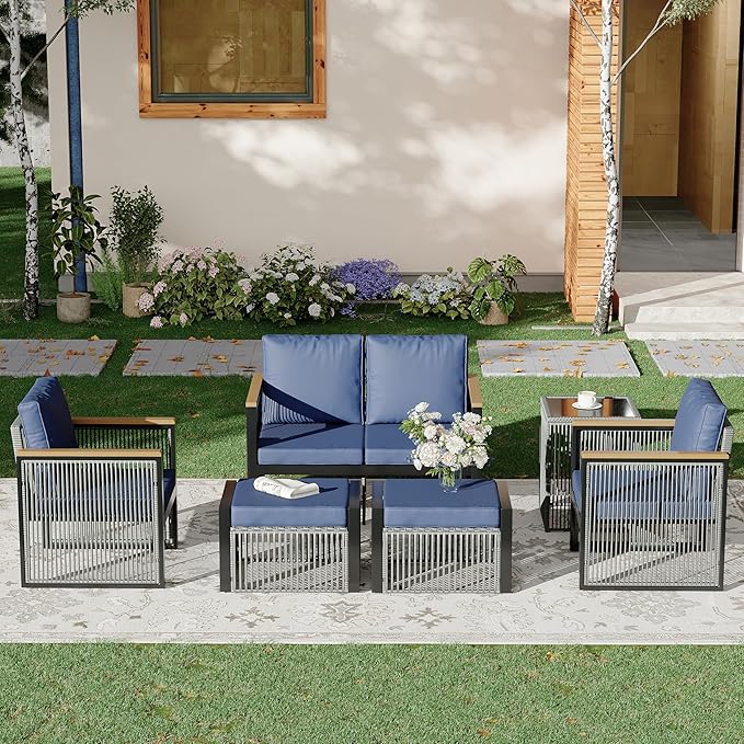 HOMREST Outdoor Patio Furniture Set with Ottomans, 6 Piece Patio Conversation Sets with Coffee Table,2 Ottoman,Coffee Table,Love Seat for Porch, Balcony, Deck, Yard(Blue)