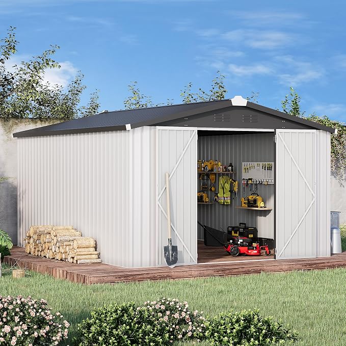 AECOJOY 10' x 14' Outdoor Storage Shed, 14x10 Large Metal Sheds & Outdoor Storage Clearance with Lockable Doors, Utility and Tool Storage Garden Shed for Backyard, Patio and Outside use by AECOJOY