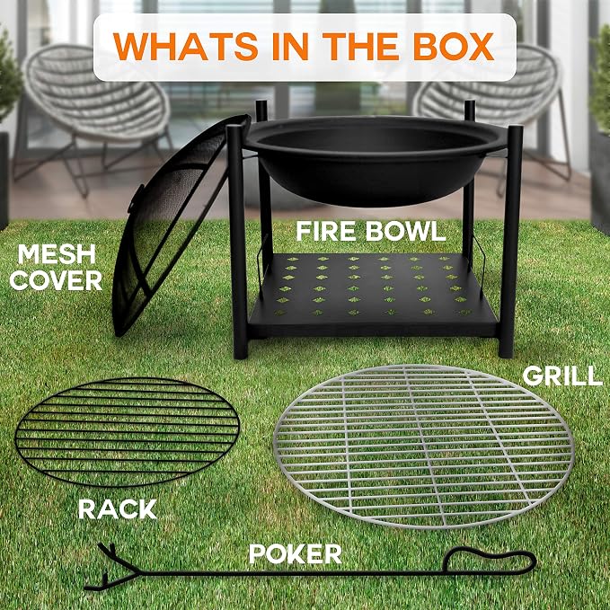 SereneLife Outdoor Wood Fire Pit - 26" Steel BBQ Grill with Mesh Spark Screen, Log Grate, Fire Poker & Cover for Camping, Picnic, Bonfire - Durable, Easy to Assemble, 2 in 1 - Image 7