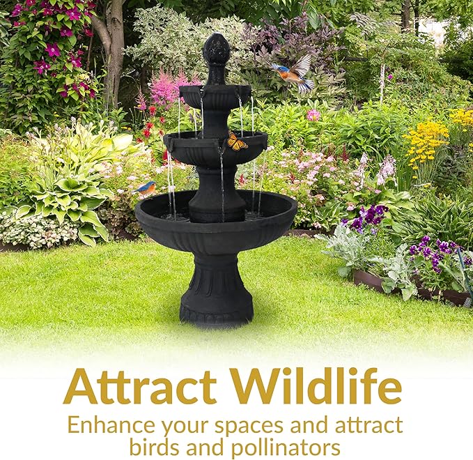 Sunnydaze Flower Blossom 43" Tiered Outdoor Water Fountain - 3-Tiered Outdoor Fountain for Garden, Patio, or Backyard - Black Finish