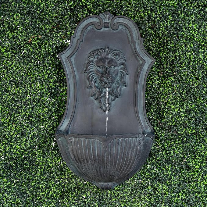 XBrand 26" Solar-Powered Wall-Mounted Lion Head Fountain, Resin, Outdoor, Gray