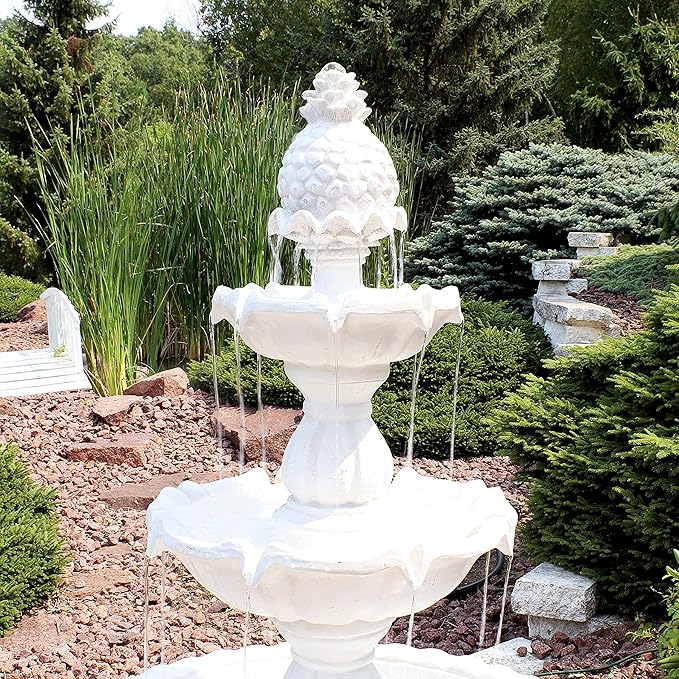 Sunnydaze 57" H Welcome 3-Tier Water Fountain - Large Electric Water Fountain with Pineapple Topper for Garden, Patio or Yard - White