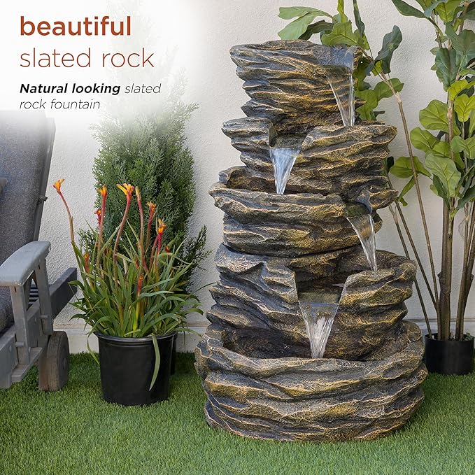 Alpine Corporation 39" Tall Outdoor 5 Tiered Natural Look Rock Water Floor Fountain with Replaceable Lights, Brown