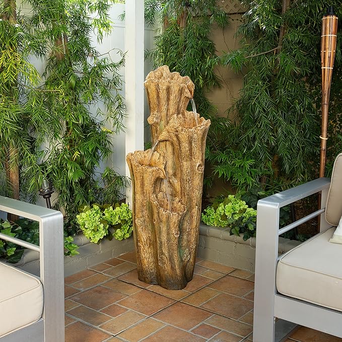 Alpine Corporation TZL268 47" Outdoor 3-Tier Tree Bark Water Fountain with LED Lights for Gardens, Patios, and Yards, Brown
