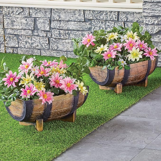 Collections Etc Rustic Half Barrel Planters - Set of 2, Weather Resistant Decorative Accent with Removable Drain Screen