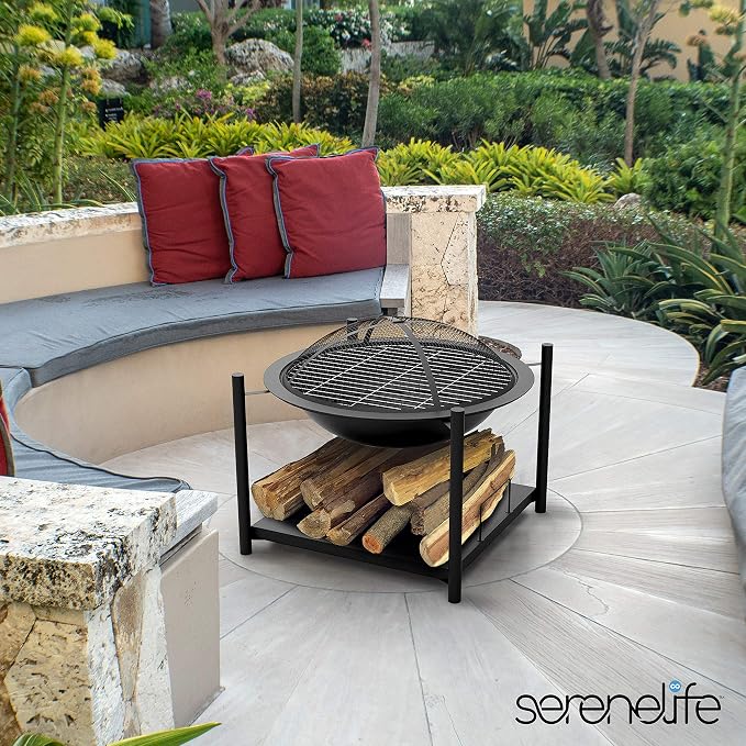 SereneLife Outdoor Wood Fire Pit - 26" Steel BBQ Grill with Mesh Spark Screen, Log Grate, Fire Poker & Cover for Camping, Picnic, Bonfire - Durable, Easy to Assemble, 2 in 1 - Image 6