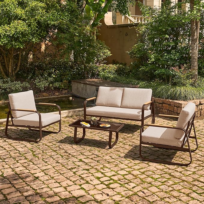 East Oak 4-Piece Patio Furniture Set, Outdoor Patio Set, 4.7inch Removable & Washable Deep Seating Cushion Outside Conversation Sets, Apricot