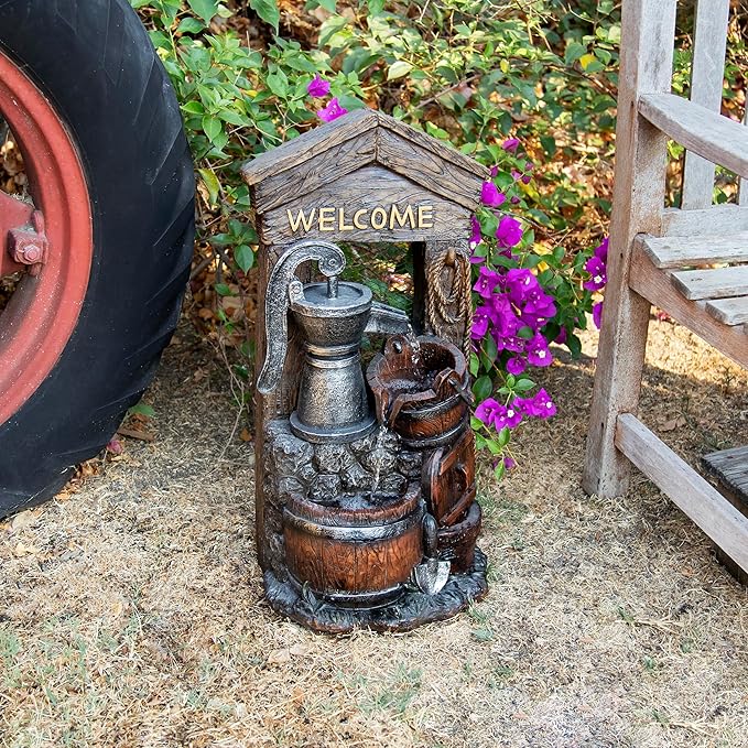 Alpine Corporation ZEN576S Outdoor Rustic Design Water Pump and Barrel Floor Fountain - Welcome Sign, 24 Inch Tall, Brown