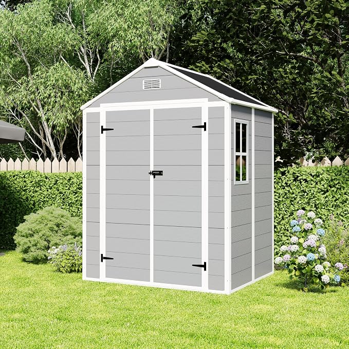 YOPTO 6x5 FT Resin Storage Shed,Garden House with Floor & Lockable Door,Waterproof Plastic Tool Sheds W/Slanting Roof Visual Window & Air Vents for Bicycles,Lawnmowers,Lawn,All Weather Use,Gray by Unknown