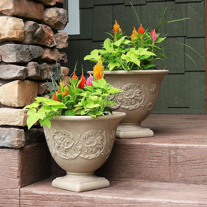 Sunnydaze 16-Inch Darcy Round Plant Pot - Polyresin Large Outdoor Urn Planter with Drillable Drainage Hole - 4 Pack - Beige