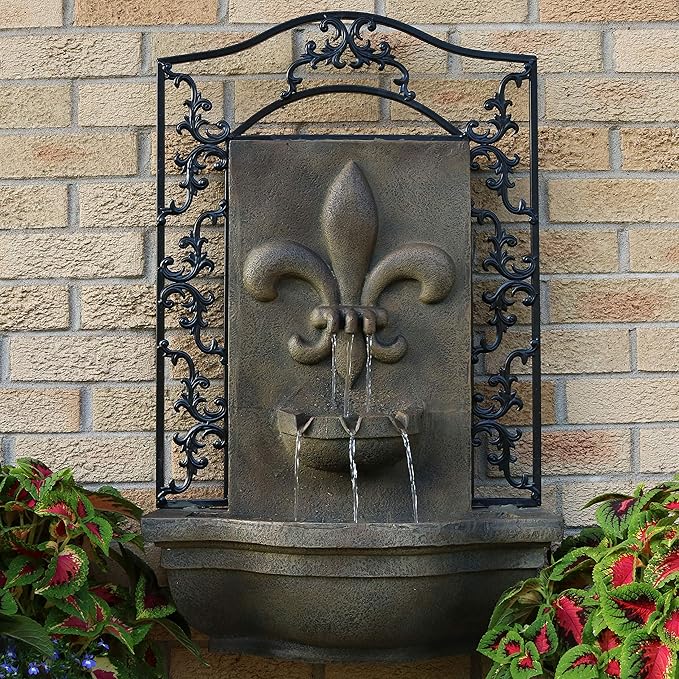 Sunnydaze 33" Outdoor Wall Water Fountain with Pump and Panel - Florentine Finish - French Lily - Solar-Powered