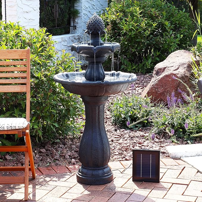 Sunnydaze Pineapple 46-Inch 2-Tier Outdoor Solar Fountain - Decorative Water Fountain with Pump for Garden, Patio, Yard or Balcony - Black