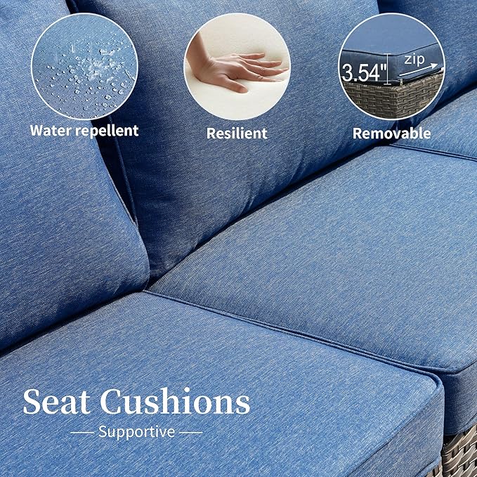 HOOOWOOO 10 Piece Patio Sectional Furniture Set with Swivel Rocking Chairs,Modern Wicker Outdoor Conversation Sofa Sets,Weather Resistant Modular L Shaped Outside Couch Set(Denime Blue)