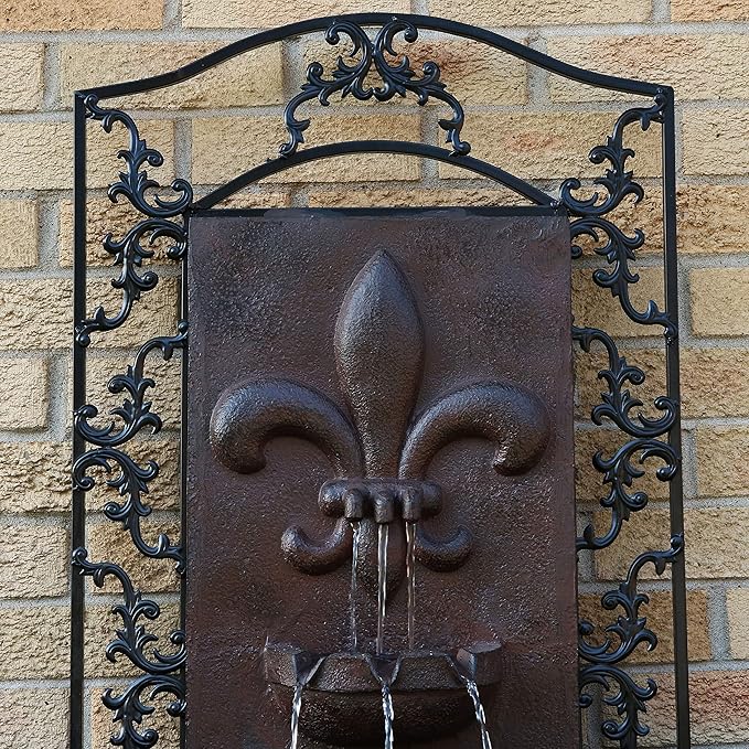 Sunnydaze 33" Outdoor Wall Water Fountain with Pump and Panel - Iron - French Lily - Solar-Powered