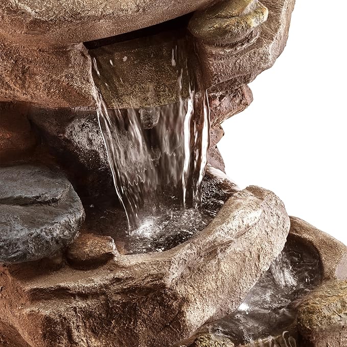Alpine Corporation 40" Tall Floor Fountain, Tiered Rock Water Feature with Color-Changing LED & Remote, Cascading Streams for a Tranquil Garden, Patio, Yard, Deck, or Porch, Light Brown