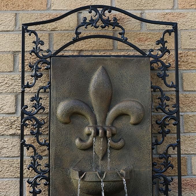 Sunnydaze 33" Outdoor Wall Water Fountain with Pump and Panel - Florentine Finish - French Lily - Solar-Powered