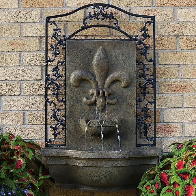 Sunnydaze 33" Outdoor Wall Water Fountain with Pump - Florentine Stone - French Lily - Electric