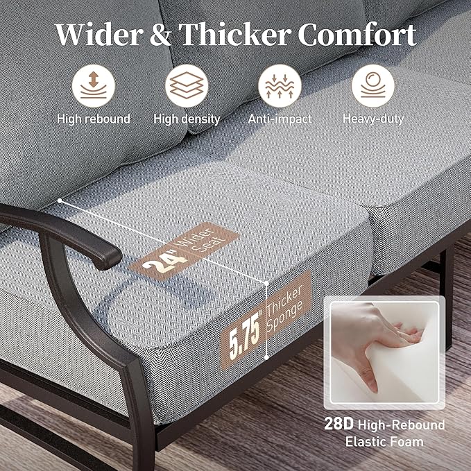 7 Piece Metal Outdoor Patio Furniture Sets, Patio Conversation Sets 1 3-seater Sofa, 2 Fixed Chair, 2 Rocking Chair, 2 Ottomans with 5.75" Thick Cushion, Black Backyard Furniture, Gray