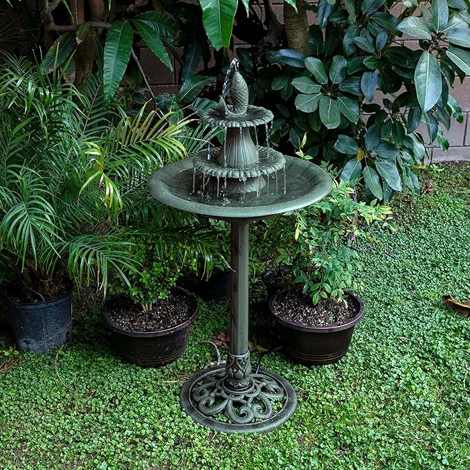 Alpine Corporation 40" Tall Outdoor 3 Tier Pedestal Water Fountain with Vintage Birdbath Accent, Garden Decor, Green