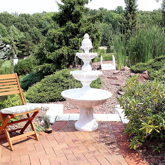 Sunnydaze 57" H Welcome 3-Tier Water Fountain - Large Electric Water Fountain with Pineapple Topper for Garden, Patio or Yard - White
