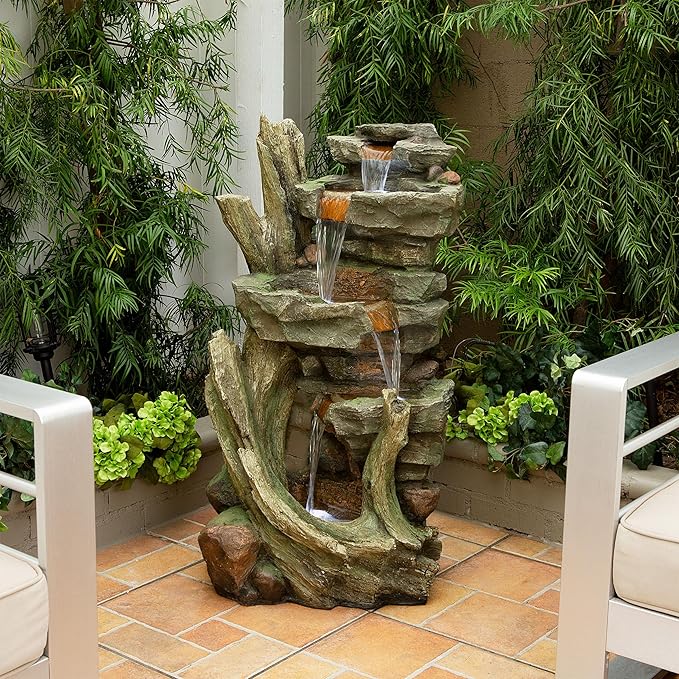 Alpine Corporation TZL292 Outdoor Floor Cascading Stone Tower Fountain, Garden Fountain with Natural Stone Look 40", Gray