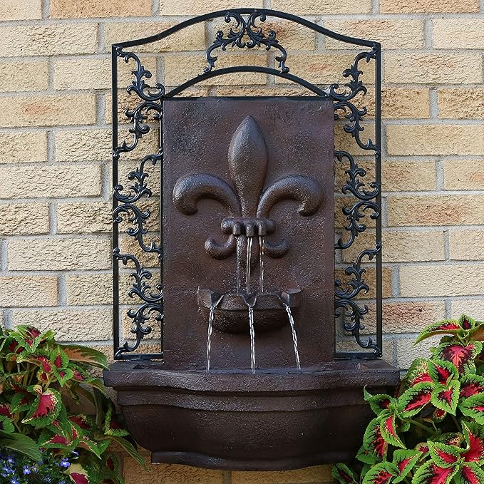Sunnydaze 33" Outdoor Wall Water Fountain with Pump and Panel - Iron - French Lily - Solar/Battery-Powered