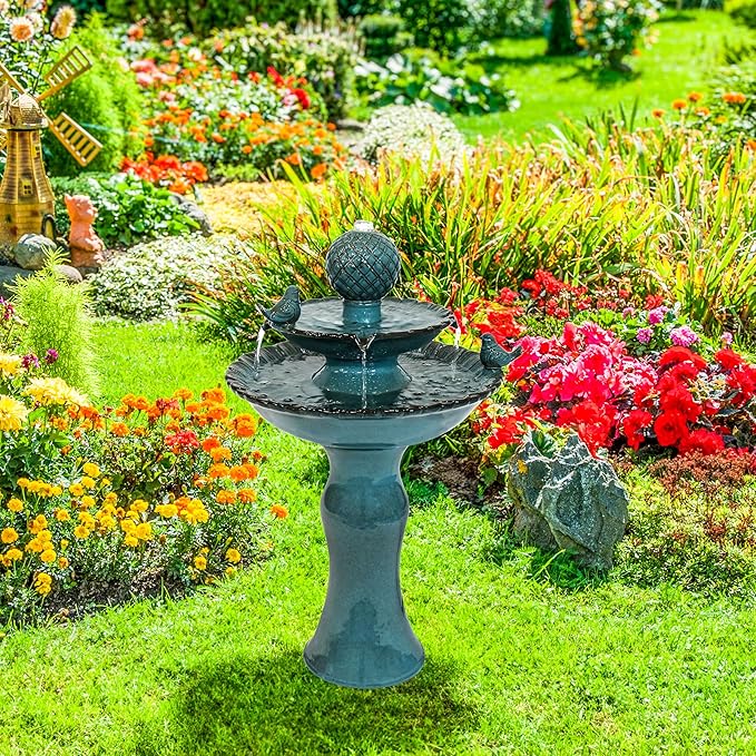 Sunnydaze 27" H 2-Tier Ceramic Water Fountain - Outdoor Water Feature for Patio, Yard, Balcony - Garden Fountain - Blue